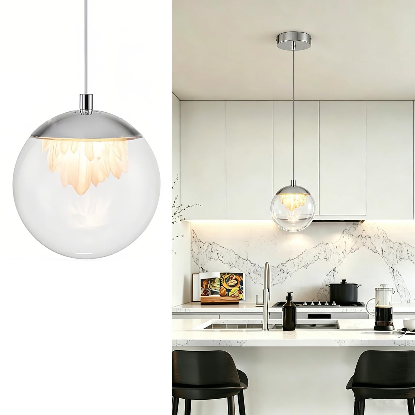 WILON 1 Light Globe Pendant Light Modern Led Ice Crystals Pendant Lights Chrome, 3D Printed 2700K-6000K Adjustable Galaxy LED Lamp for Bedroom,Restaurant,Hallway,Bar (1 Light)