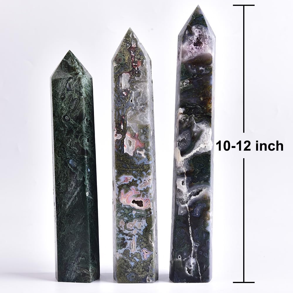 MOGEMT Moss Agate Crystal Tower 10-12 inch Large Healing Crystal Point Obelisk Reiki Energy Meditation Decoration Gift
