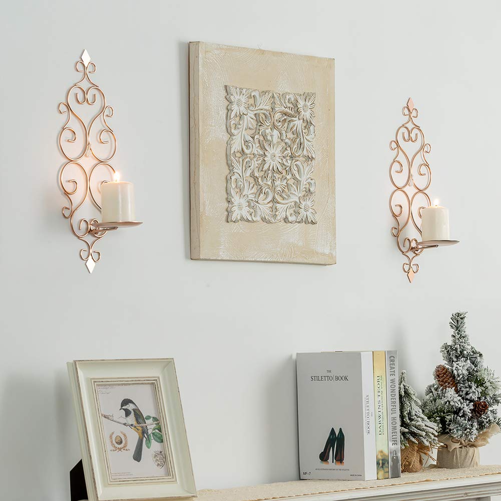 Sziqiqi Iron Wall Candle Sconce Candle Holder Set of 2 Wall Mounted Candle Sconces Holder, for Bedroom Dining Room Decor, Rose Gold