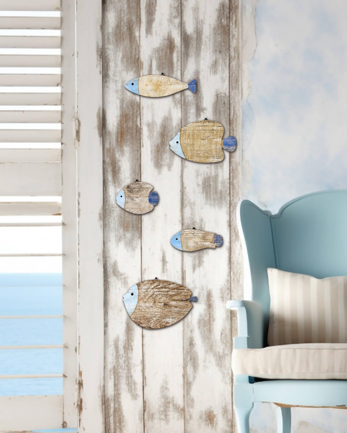 Putuo Decor 5 Pcs Rustic Weathered Wood Fish Wall Art Beach Nautical Wall Hanging Decor Ocean Fish Wall Sculpture for Home Bathroom Bedroom Lake House