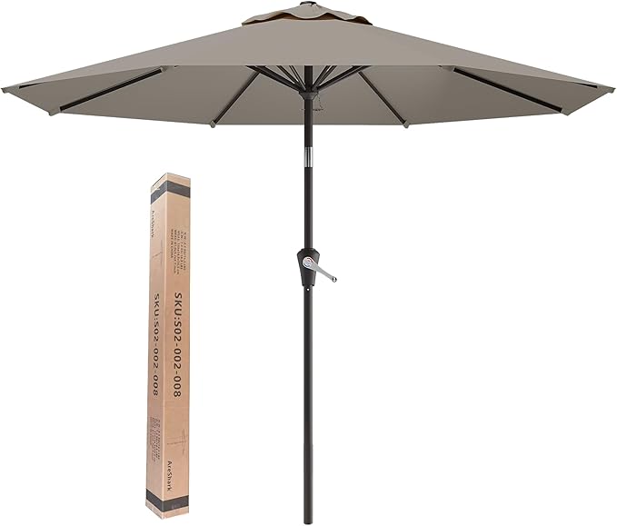 AreShark 9 FT Patio Umbrella for Outdoor, Outdoor Umbrella with Push Button Tilt and Crank, Outdoor Patio Umbrellas with 8 Sturdy Ribs for Market, Garden, Deck, Backyard, Pool (Mist Gray)