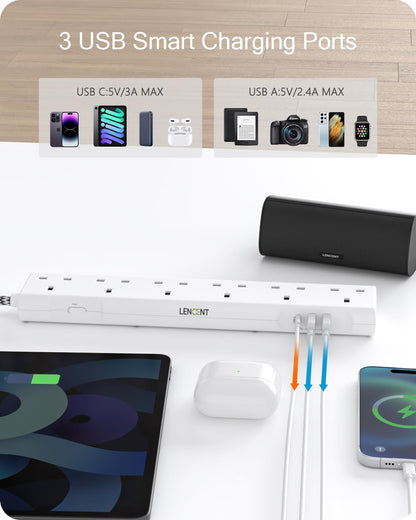 LENCENT Extension Lead with USB C Port, 3250W 13A, 6 Way Outlets Power Strip with 1 USB-C and 2 USB Slots, Multi Power Plug Extension with 1.8M Braided Extension Cord for Home Office, White