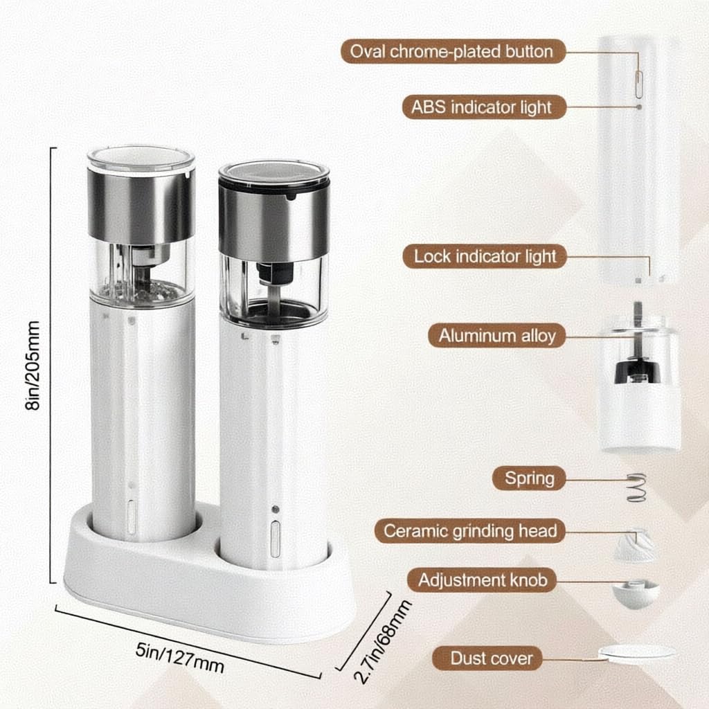 Electric Salt and Pepper Grinder Set, Adjustable Coarseness & Rechargeable, 110ml 2-Pack White Ceramic Core Grinders, Housewarming & Birthday Gifts for Women, Kitchen Gadgets