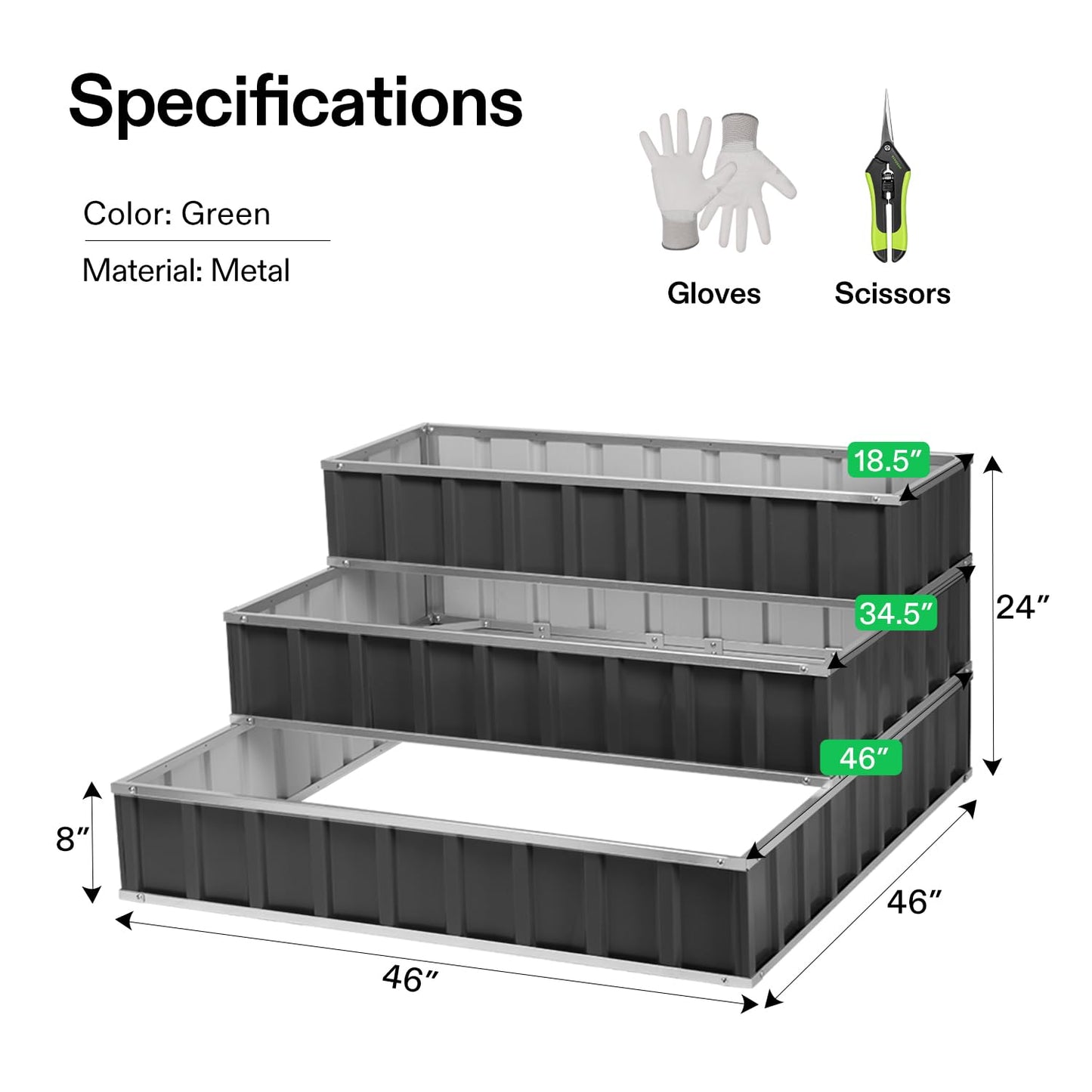 VIVOSUN 3-Tier Metal Raised Garden Bed, 46" x 46" x 24" Galvanized Steel Metal Outdoor Planter Box with Gloves and Scissors to Grow Flowers, Vegetables and Herbs for Outdoor Gardening, Dark Gray