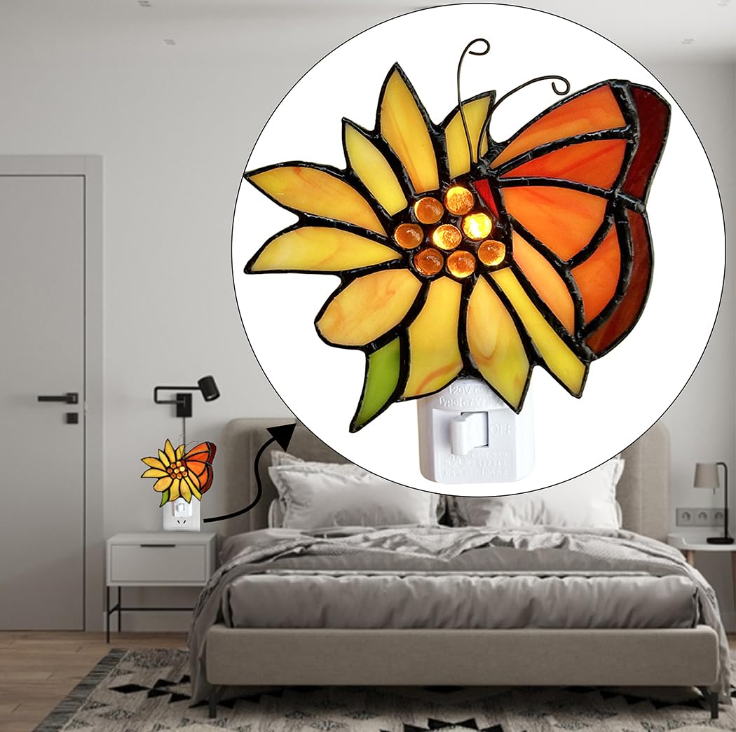 DUONAYU Stained Glass Butterfly Night Light.Butterfly Night Light Bedroom Bed Light Gifts from Nature,Nature Night Light.DYM1001 (Flower Butterfly)