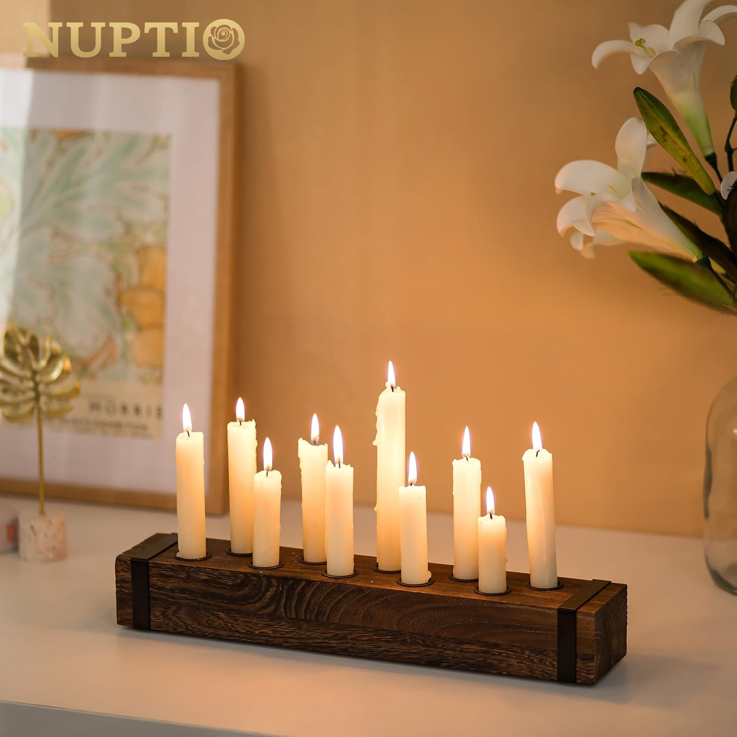 NUPTIO Wood Candelabra for Table Centerpiece: 16.5 inch Long Taper Candle Holder - Farmhouse Candlestick Holder for Christmas Home Dining Living Room Fireplace Decor