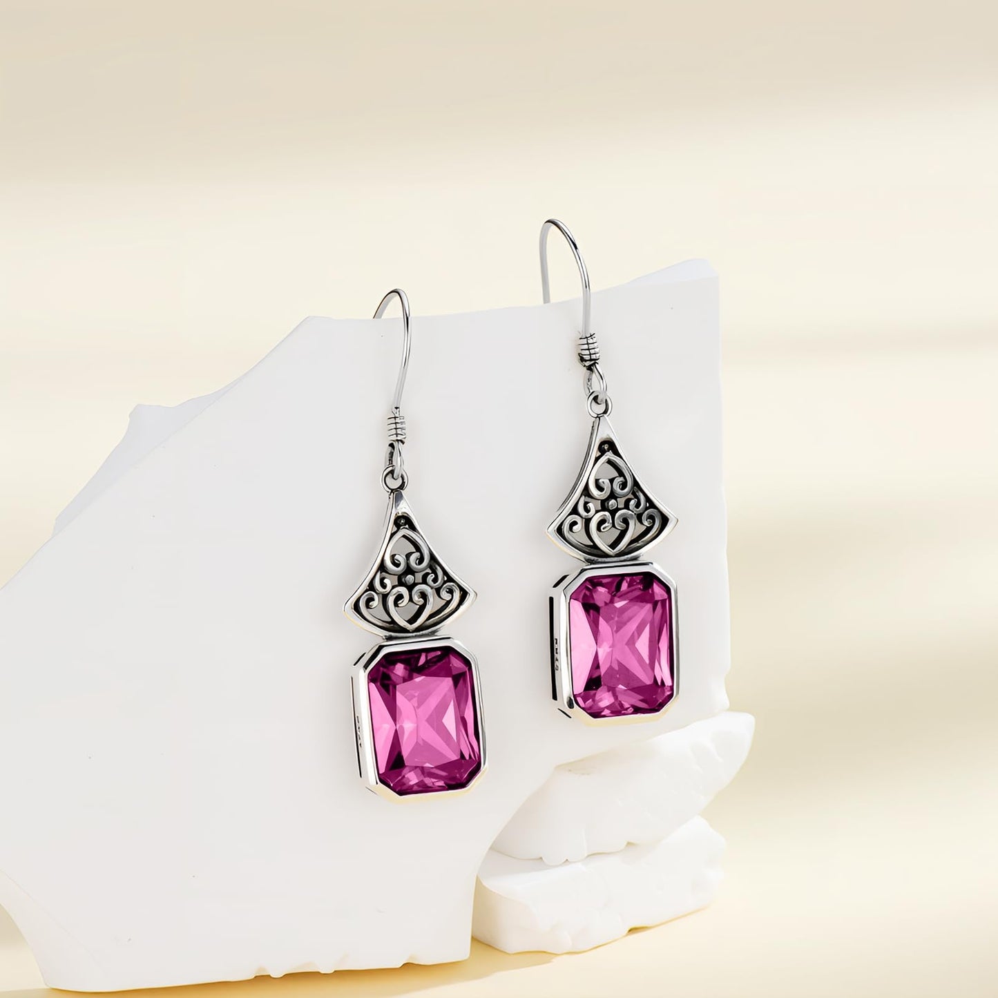 Vintage Earrings 925 Sterling Silver Oxidized Dangle Drop Earrings with Emerald Cut Pink Crystal October Birthstone Anniversary Jewelry Gifts for Women