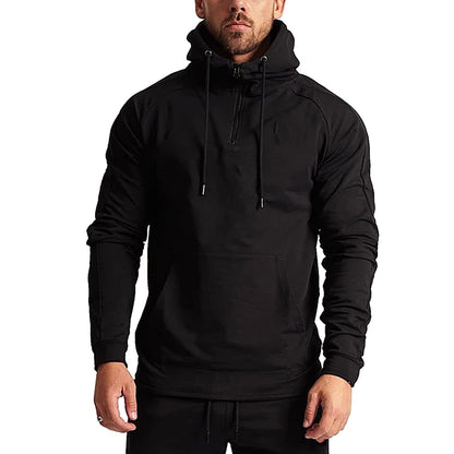 GYMELITE Men's 1/4 Zip Fashion Pullover Hoodie Athletic Workout Fit Cotton Blend Hooed Sweatshirts Casual Long Sleeve with Pockets(SOBK XL Solid Black