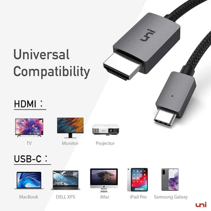 uni USB C to HDMI Cable, [4K, High-Speed] USB Type-C to HDMI for Home Office, [Thunderbolt 3/4 Compatible] for iPhone 16 15, MacBook Pro/Air, iPad Pro/Air, iMac, S23, XPS 17 etc.-1.8m