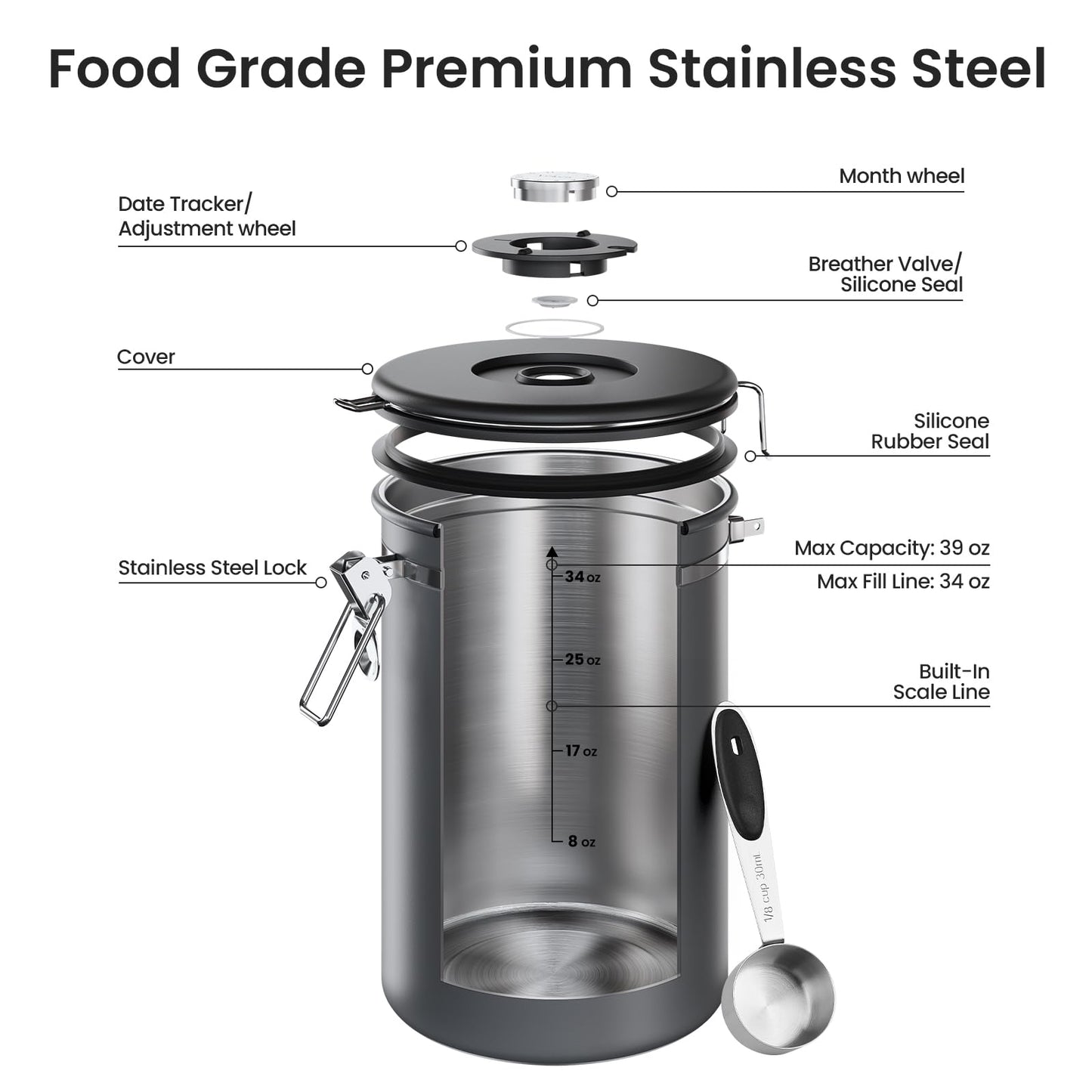 Veken Coffee Canister, 39OZ Large,Airtight Stainless Steel Food Storage Container for 2.2lbs Beans,Ground,Sugar,Espresso,Rice,Tea,Flour,Cereal,Cookie,Lids,Jars,Gifts,Scoop,Kitchen Bar Accessories,Gray