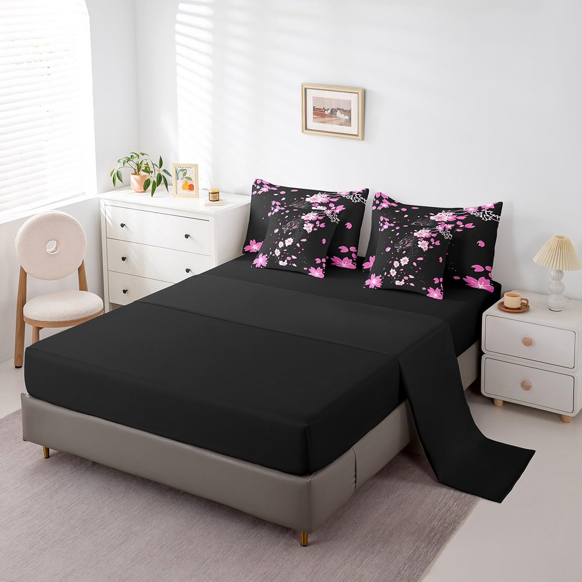 Erosebridal Pink Cherry Blossom Twin Comforter Set 7 Piece Magical Dragon Bedding Set Fantasy Animal Bed in A Bag Black Simple Sheet Set with Comforter for Kids Boys Girls