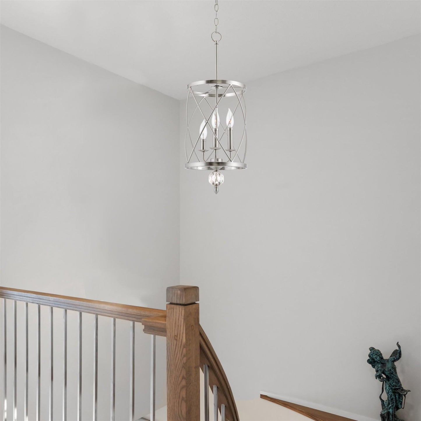 Kira Home Eleanor 27" Modern 3-Light Geometric Lantern Chandelier, Cylinder Trellis Cage Pendant Light with Crystal Finial, Brushed Nickel Finish