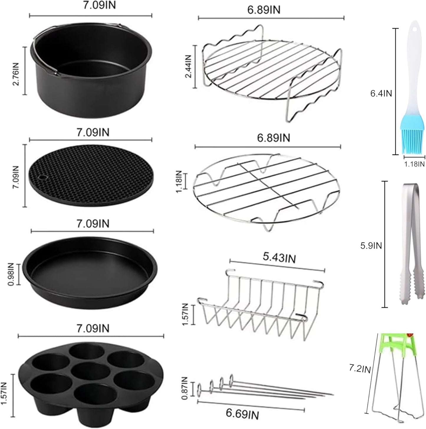 Air Fryer Accessories Set Fit for Gowise Gourmia Cozyna Ninja,Fit All 2.3qt-3.2qt Air Fryer,Kits with Skewers Silicone Mat,Pizza Pan,Cake Barrel,Non-Stick,Dishwasher Safe,Universal,6 Inch 10pcs,Black
