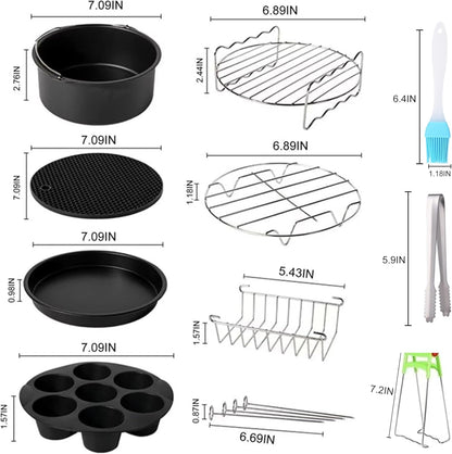 Air Fryer Accessories Set Fit for Gowise Gourmia Cozyna Ninja,Fit All 2.3qt-3.2qt Air Fryer,Kits with Skewers Silicone Mat,Pizza Pan,Cake Barrel,Non-Stick,Dishwasher Safe,Universal,6 Inch 10pcs,Black