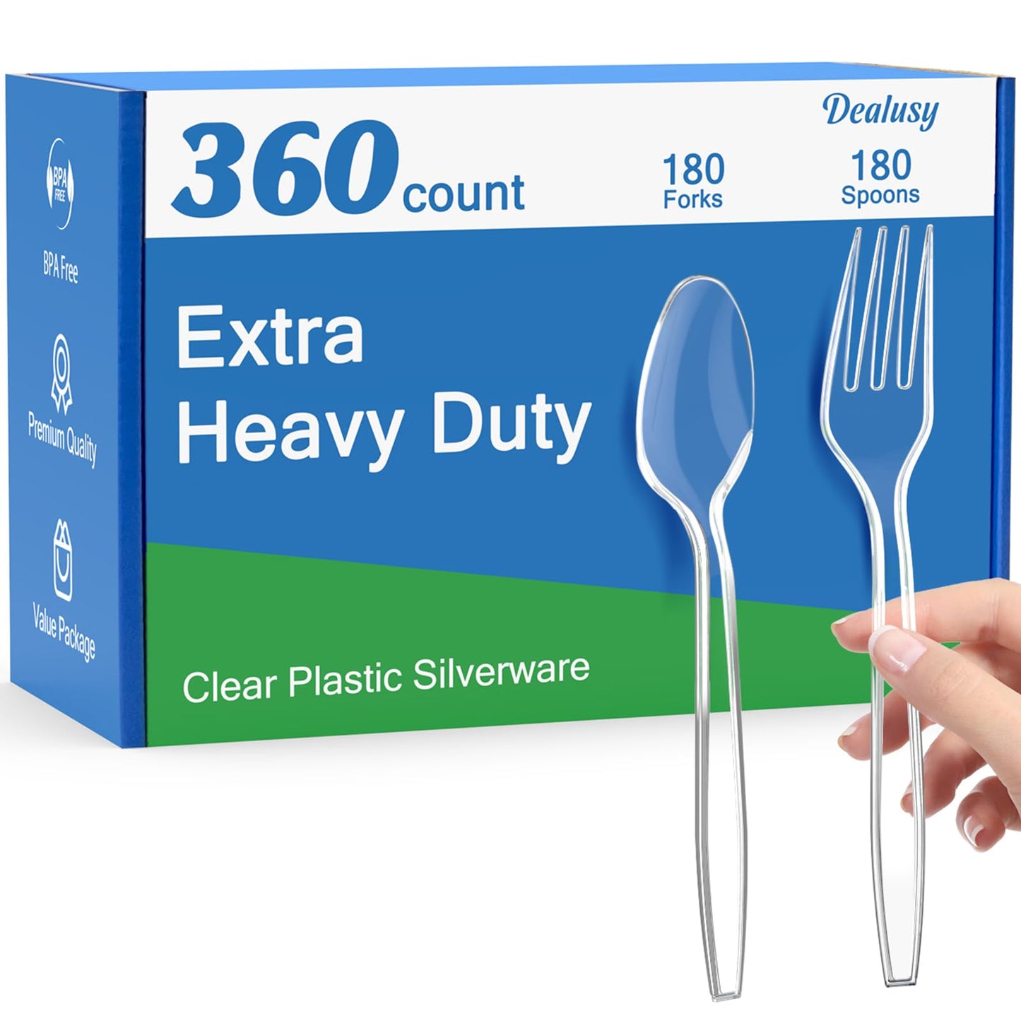 Dealusy 360 Count Extra Heavy Duty Clear Plastic Forks and Spoons, 180 Forks & 180 Spoons, Heat Resistant, Disposable Plastic Silverware Set
