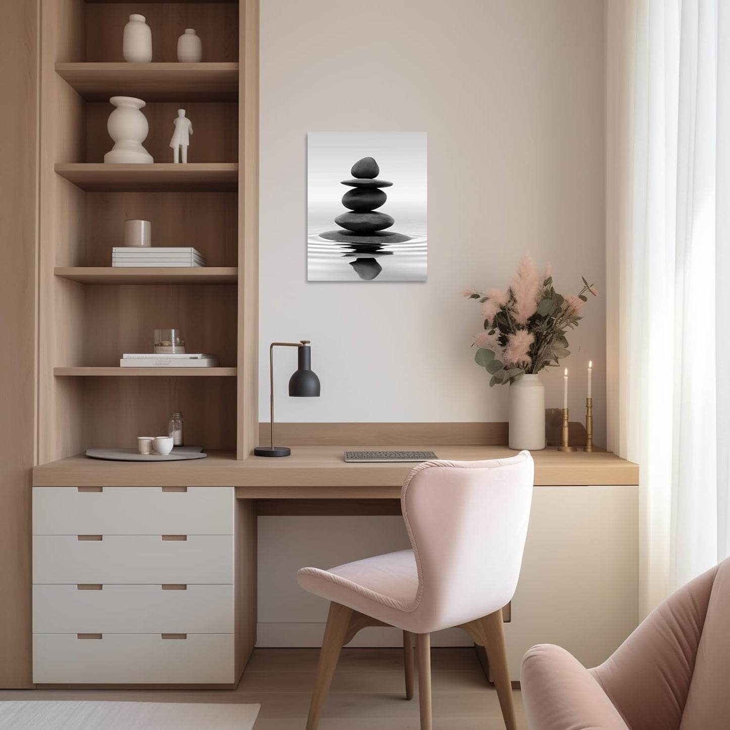 LZIMU Black and White Zen Wall Art Stones in Water Pictures Print on Canvas for Bathroom Yoga Meditation Spa Room Living Room Bedroom Wall Decorations Framed (Zen-1, 12"x18" (30x45cm))