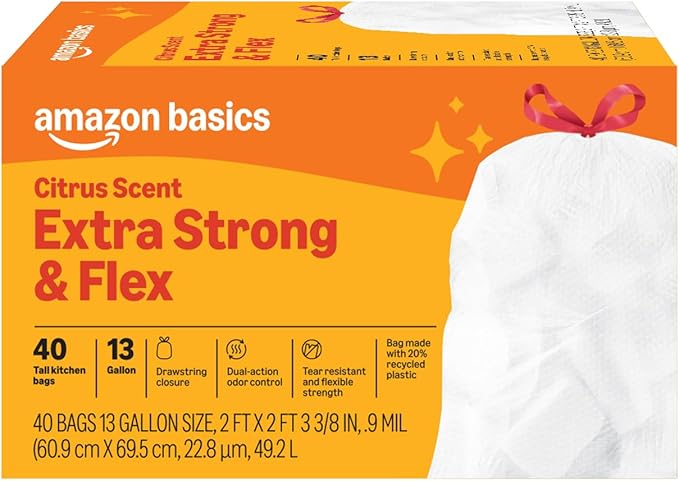 Amazon Basics Extra Strong & Flex Tall Kitchen Drawstring Trash Bags, Citrus