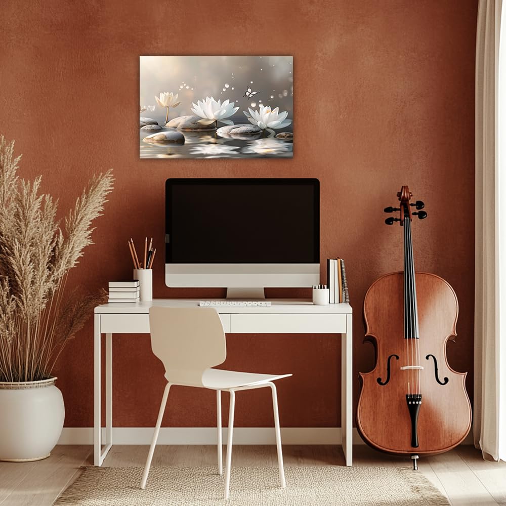 Zen Canvas Wall Art White Lotus Massage Stone on Water Picture Wall Art Meditation Spirit Painting Prints Spa Yoga Room Decor Framed(Zen-5,12x18inch (30x45cm))