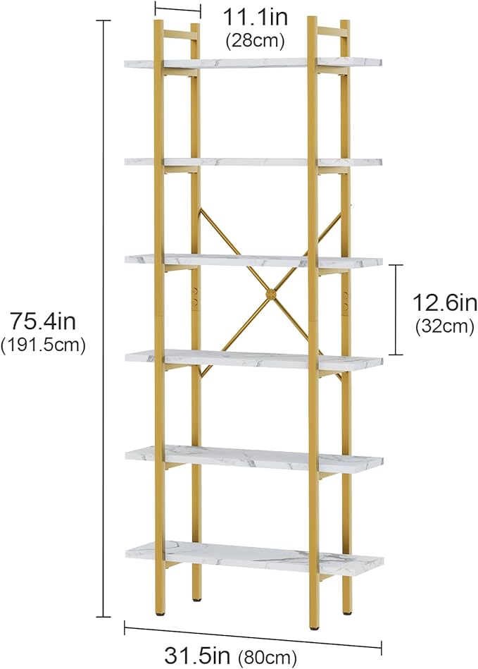 6 Tiers Bookshelf Organizer White Faux Marble Shelf, Modern Open Display