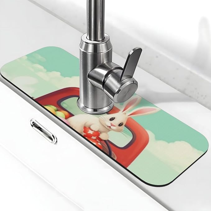 Kitchen Sink Splash Guard Faucet Mat Easter Bunny Rabbits 15"x5.5", Diatom Mat