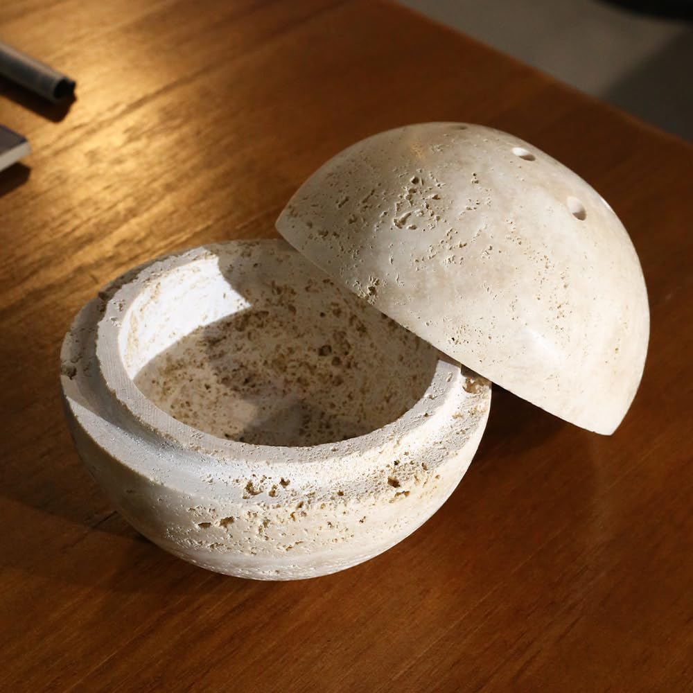 100% Natural Travertine Spherical Incense Burner, Manual Incense Burner Holder, Ideal for Smudging, Handmade Stone Incense Burning for Ritual Purpose Home Decor
