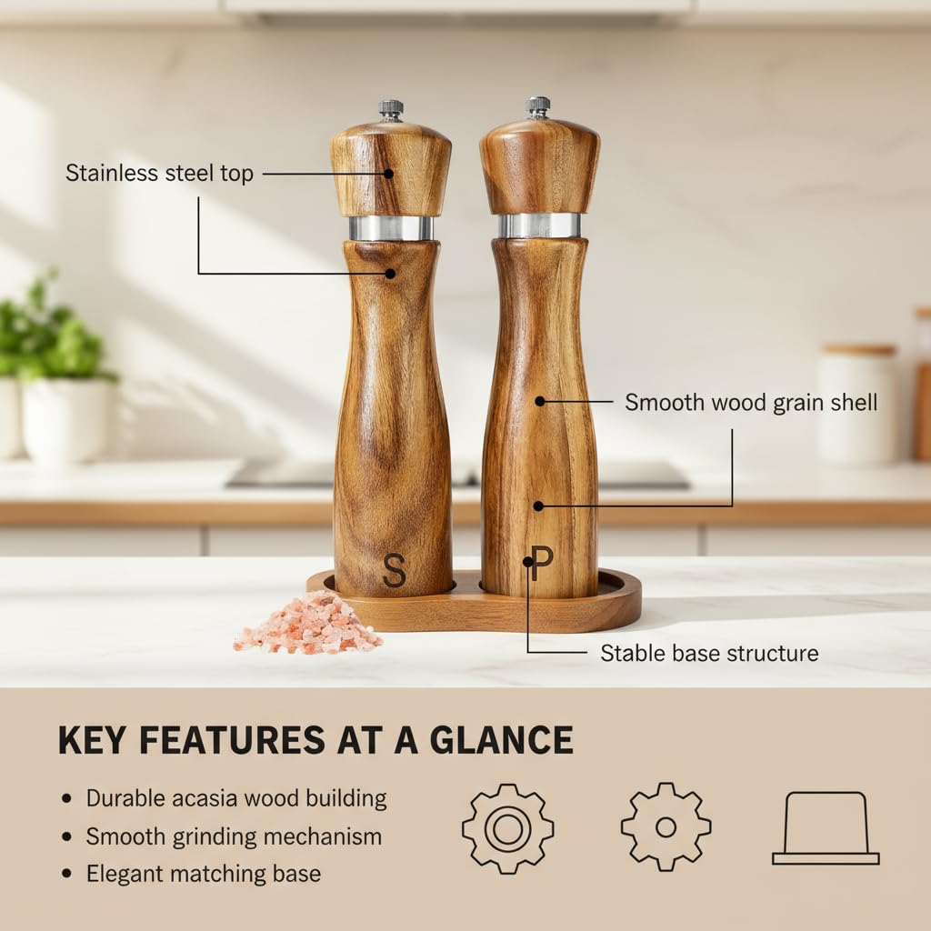 Wooden Salt and Pepper Grinder Set,salt grinder refillable,Adjustable Coarseness,Crafted of Solid Acacia Wood with Ceramic/Stainless Steel Core|Along withl Spoon,Tray,8in,2pack,easy to clean