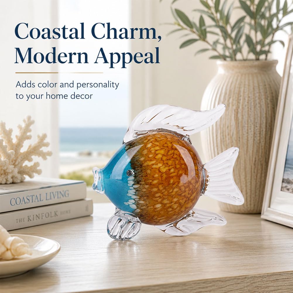 QIANLING Glass Fish Figurines - Coastal Home Decor, Modern Ocean Centerpieces for Living Room, Dining Area, Bathroom, Office, Coffee Table, Beach House, Nautical, Seaside, Entrance, Shelf Display