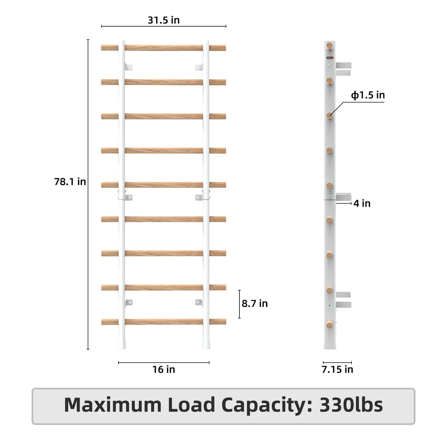DHT Swedish Ladder Wall Gym, Wood Stall Bar, Suspension Trainer with 9 Strategic Rods, Indoor Jungle Gym for Kids and Adult, Wall Bars for Home, School, Physical Therapy and Gymnastics, White