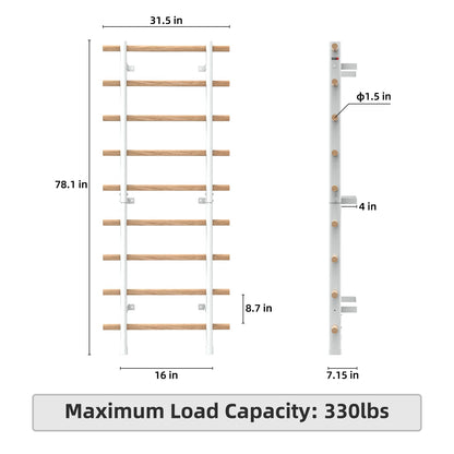 DHT Swedish Ladder Wall Gym, Wood Stall Bar, Suspension Trainer with 9 Strategic Rods, Indoor Jungle Gym for Kids and Adult, Wall Bars for Home, School, Physical Therapy and Gymnastics, White