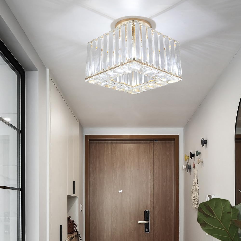 Kadomm Modern Crystal Ceiling Light Fixture, Semi Flush Mount Lighting Glod Finish LED with E26/27 Base for Bedroom, Entryway, Foyer, Hallway, Dining Room