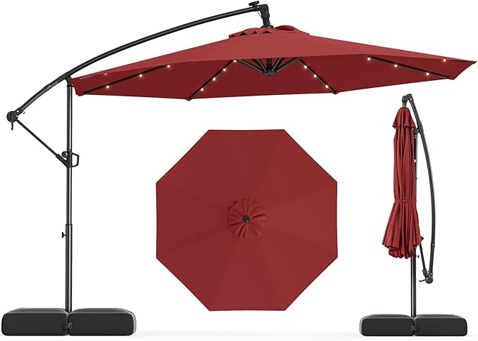Tangkula 10ft Solar LED Patio Umbrella with Base, Offset Cantilever Outdoor Umbrella with 32 LED Lights, Infinite Tilt, 360 Degree Rotation, Crank Handle for Pool Deck Garden Backyard (Wine)