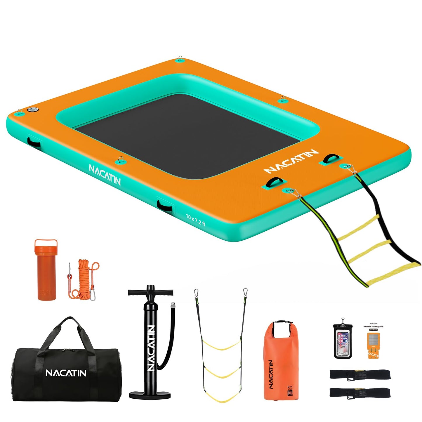Inflatable Floating Dock, 10FT x 7.2FT Portable Inflatable Island Platform with Mesh Swim Area, fit 6-8 People, Eqiup Air Pump, Repair Kit & Carry Bag, for Swimming, Lake, Pool, Beach