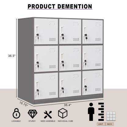 FURSTEL Student Locker Organizer, Multi-Door Steel Locker, Small Locking Cabinet Storage Organizer, Office File Cabinet, Home Locker, Gym Locker, Metal Storage Locker (9 Door, Grey & White)