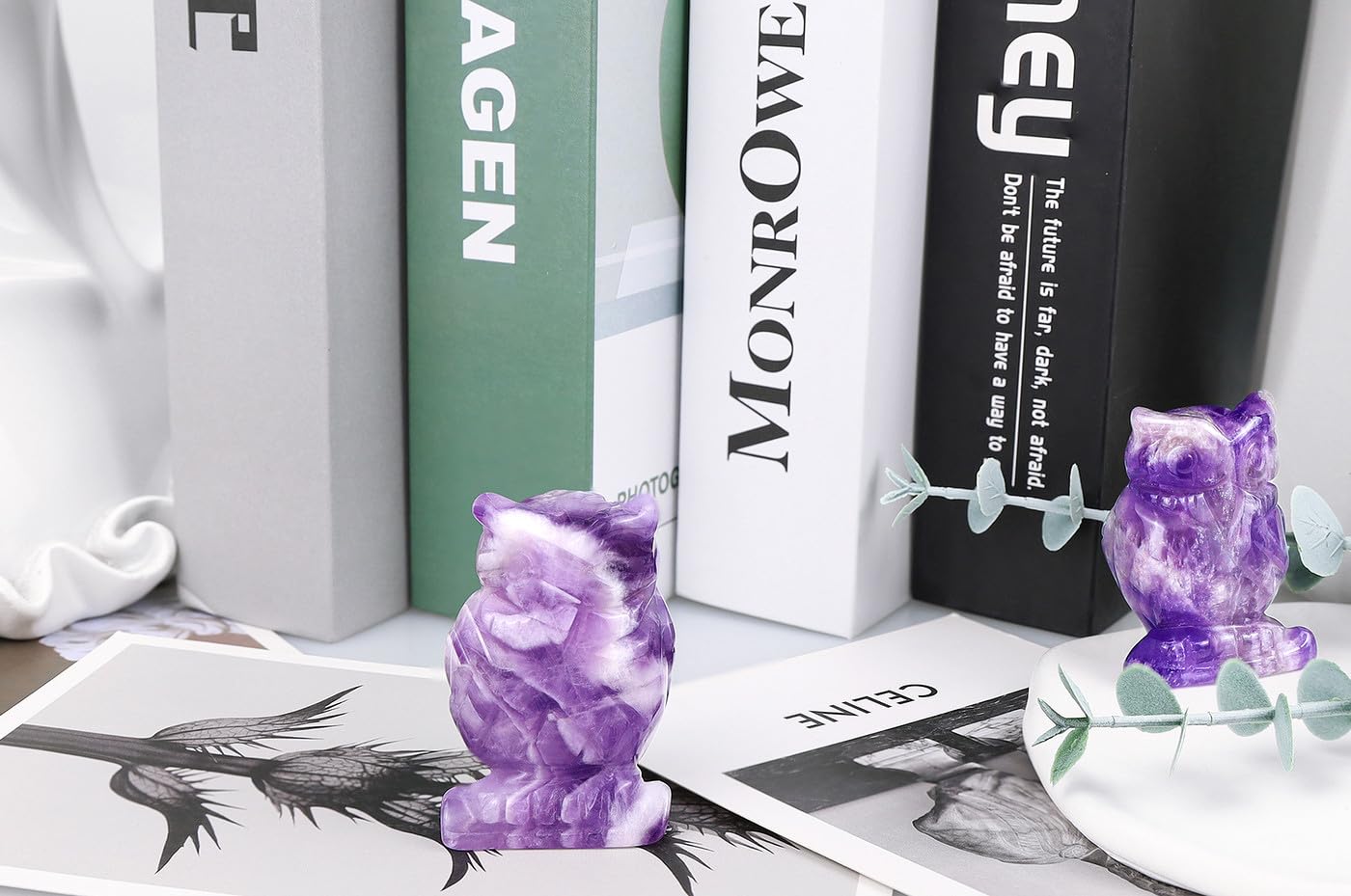 QINJIEJIE Bundle of Amethyst Crystal Tree and Owl Decor Stone Figurines Natural Reiki Gemstone Tree Life Stone Base Copper Wire Office Desk Room Feng Shui Home Decor Gifts