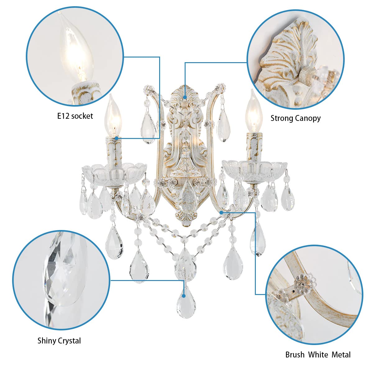 YLONG-ZS French Country Crystal Wall Sconce, 2-Light Distressed White Gold Candle Style with Teardrop Crystals, Hardwired Indoor Decor for Bedroom Bathroom Vanity, E12 Base