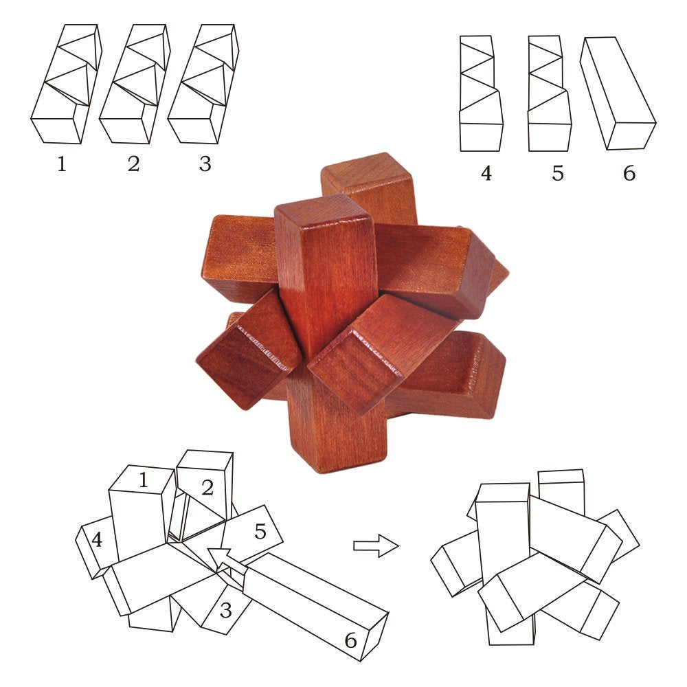 Gracelaza 6pcs Wooden Blocks Brain Teaser Puzzles Set 3D Interlocking Wood Jigsaw Games - Ideal Mind Toys and Gift for Kids and Teens