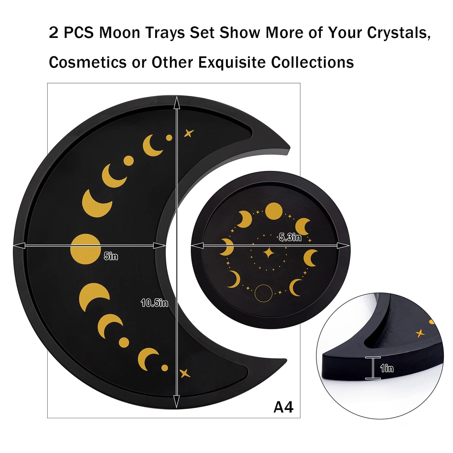 Crescent Moon Tray Crystal Holder Set, Adjustable Rock Display Case, Rock Collection Box with Shelves, Black Wood Crystal Organizer for Stones Storage,Gem Holder with Lid for Seashell