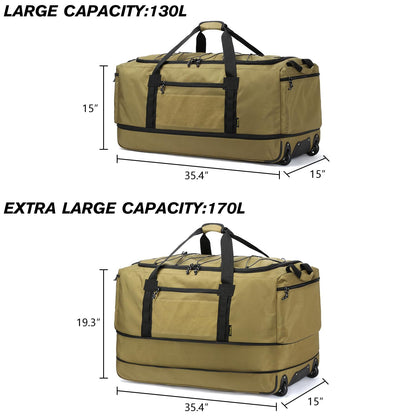 170L Extra Large Baseball Bag with Wheels Gym Duffle Softball Catchers Coach Team Equipment Bags Collapsible Rolling Travel Duffel Bat Gear Bag for Hockey Basketball Football Volleyball Soccer, Brown