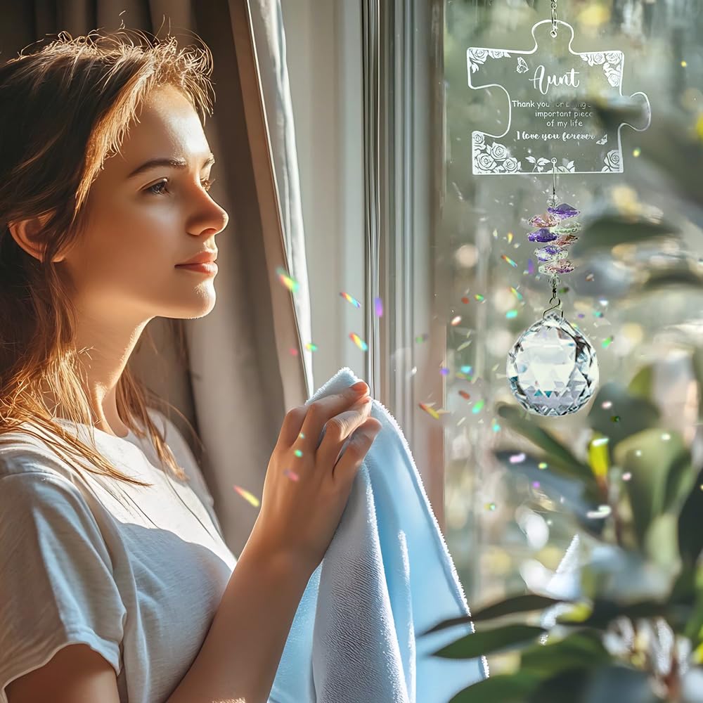 Love Aunt Gifts, Aunt Birthday Gifts from Niece, Engraved Crystal Puzzle Piece Suncatcher, Sun Catchers for Windows Hanging Decoration