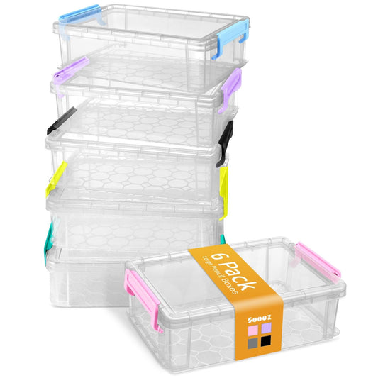 Sooez 6 Pack Extra Large Pencil Box, Plastic Hard Pencil Case Crayon Box Bulk, Clear Marker Organizer Plastic Containers with Lid, Stackable Storage Boxes for Art Craft, Back to School Supplies, Multi