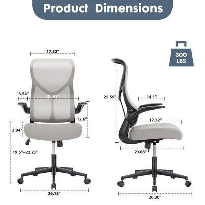 Sweetcrispy High Back Office Chair - Ergonomic Computer Gaming Mesh Chairs with Lumbar Support, with Soft Flip Up Arms, Adjustable Height and 360° Wheels, 120° Tilt, Grey