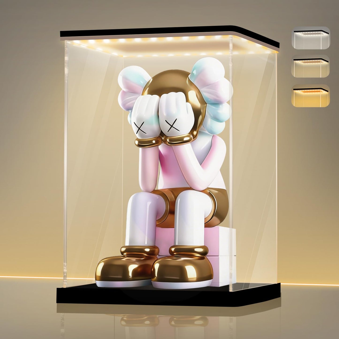 LANSCOERY Acrylic Display Case with Light, 9.8x9.8x13.8 in LED Display Case with 15mm Raised Base, 3mm Clear Panels, 3-Color Dimmable Lighting for Collectibles and Action Figures