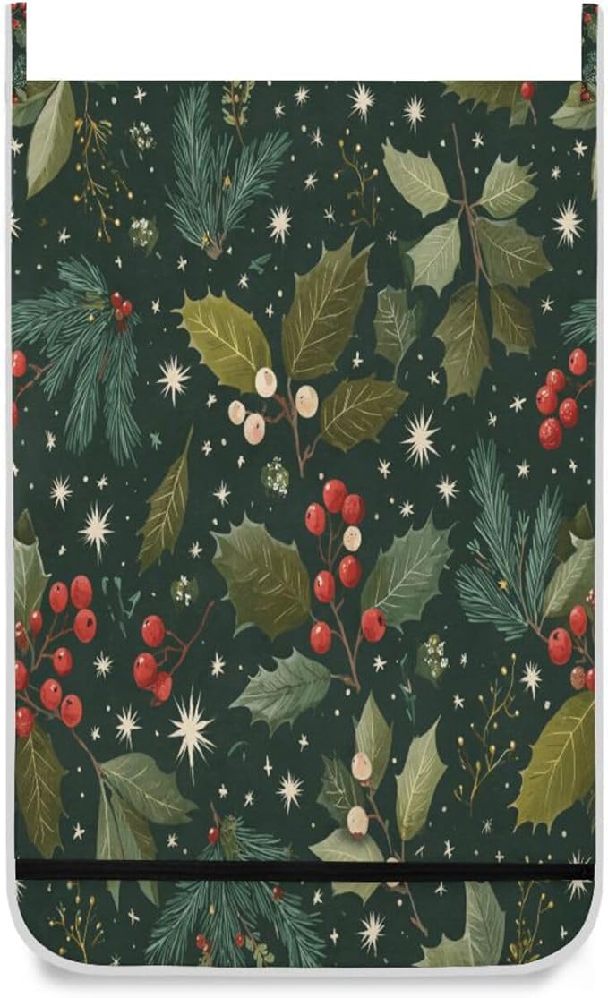 Green Christmas Holly Berries Pine Needles Leaves Hanging Laundry Hamper Door