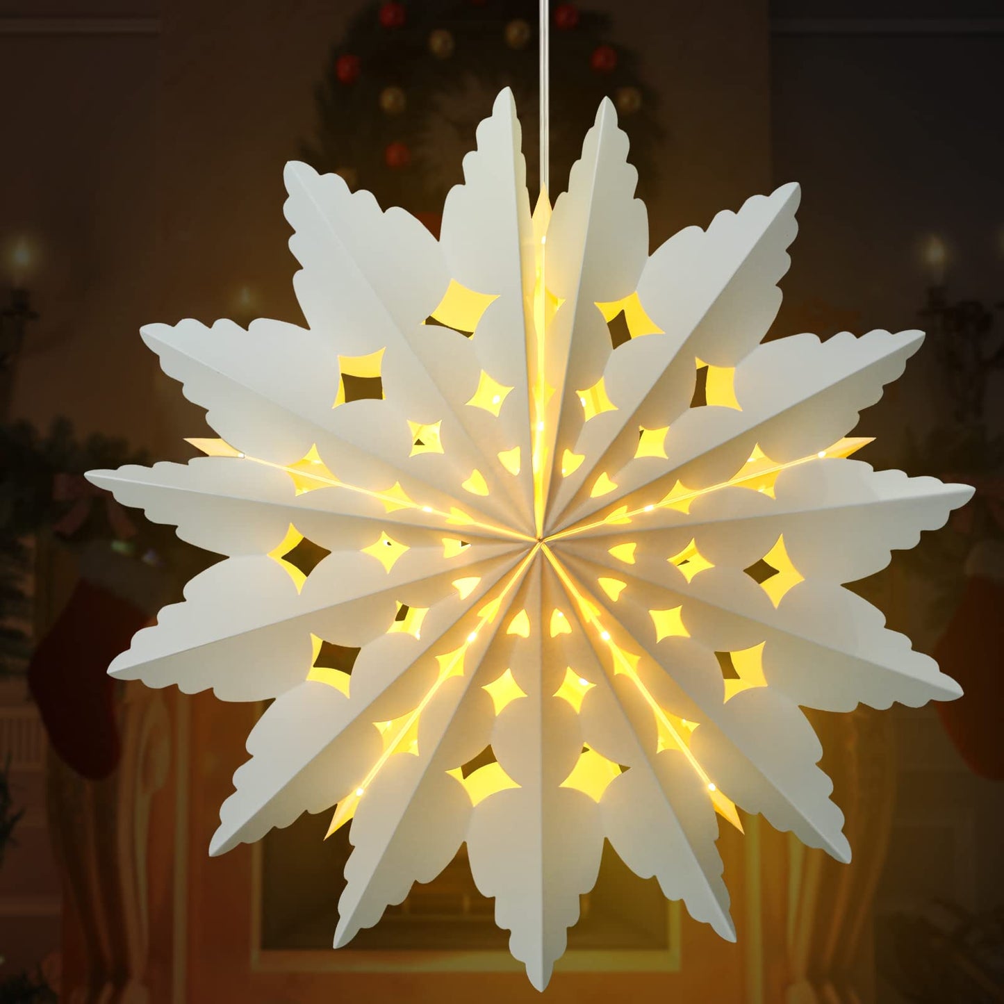 23.6 Inch Christmas Star Snowflake Paper Lantern with Light Timer Paper Lamp Party Supplies Hanging Decoration for Weddings Christmas Trees Birthday Holiday Party Celebration (Elegant Style)