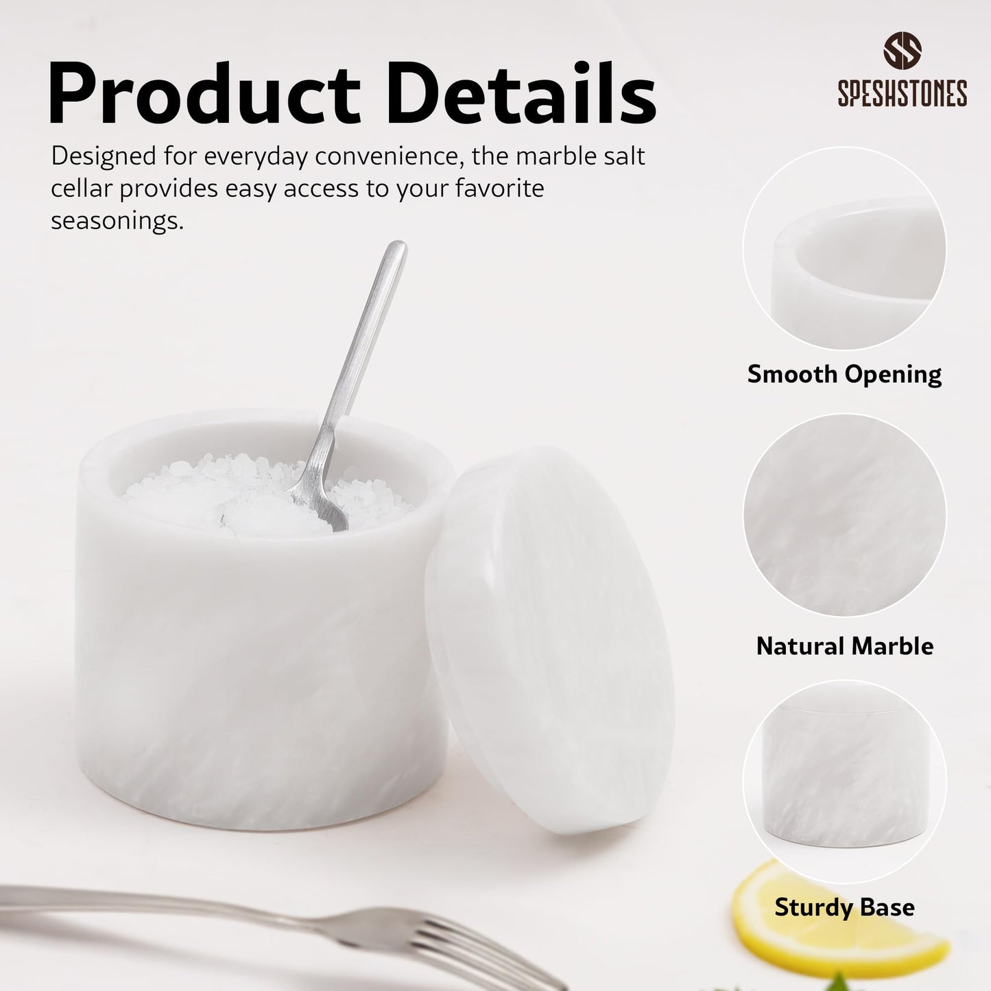 SPESHSTONES White Marble Salt Cellar 3 Inch Handmade Stone Salt Containers for Countertop, 5.2 oz Sugar Jar with Lid and Spoon, Salt Bowl, Marble Salt Holder to Store Spice, Table & Flaky Salt