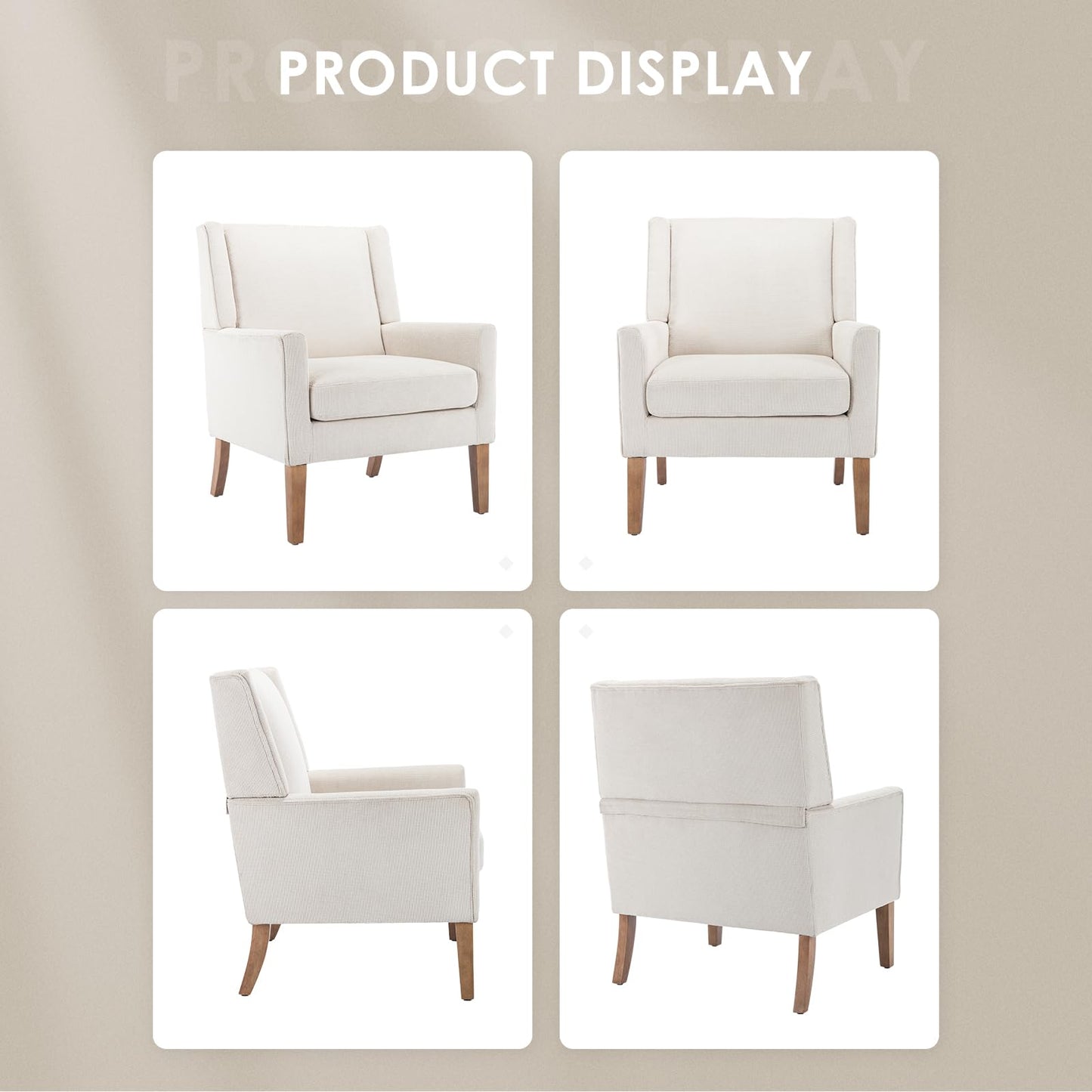 COLAMY Modern Wingback Living Room Chair, Upholstered Fabric Accent Armchair, Single Sofa Chair with Lounge Seat and Wood Legs for Office/Bedroom/Reading Spaces, Beige