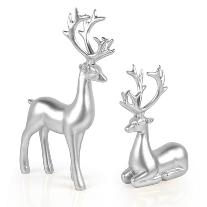 Bonlting 2 Pcs Christmas Reindeer Sculpture, Resin Elk Statues Deer Decorations for Home, Office, Bookshelf TV Stand, Living Room (Silver)