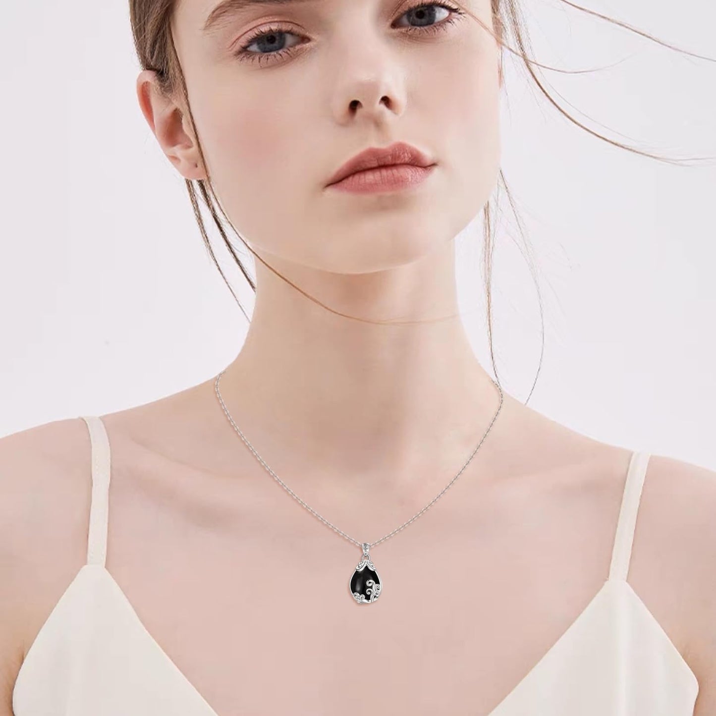 POPLYKE Sterling Silver Black Tourmaline Filigree Teardrop Pendant Necklace Gemstone Crystal Jewelry for Women