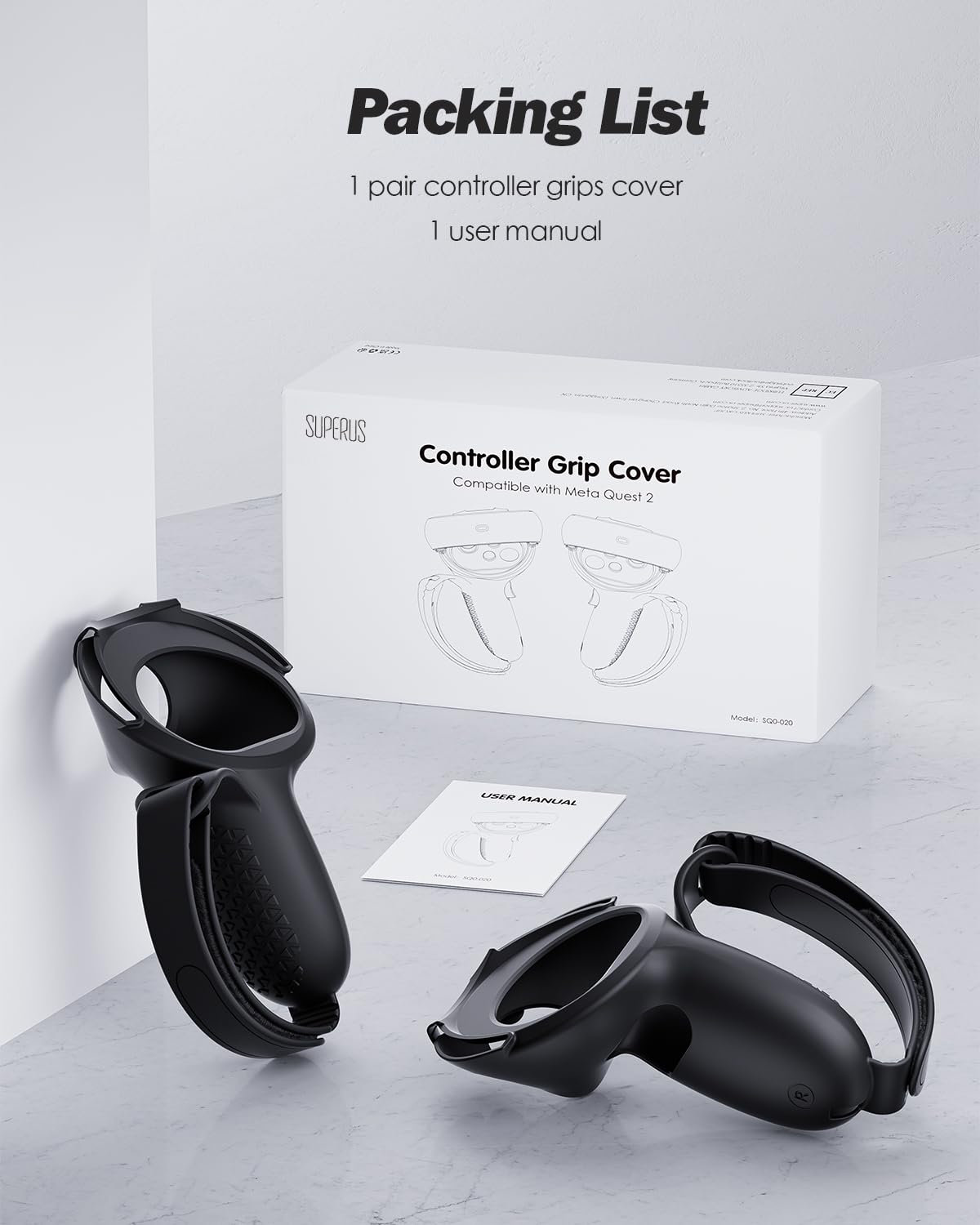 SUPERUS Comfort Controller Grips Cover Compatible with Meta Quest 2 Accessories - All-Silicone Construction, Controller Grips for Oculus Quest 2 with Adjustable Knuckle Straps Protector