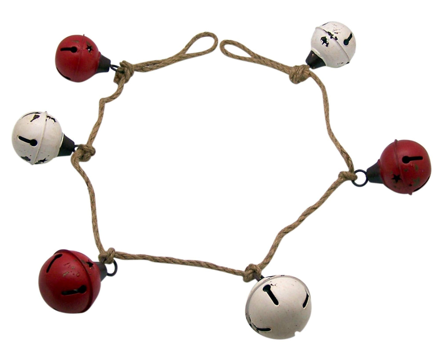 Christmas Bells Hanging Garland, Rustic Red and White Jingle Bell Set on Rope, 50 Inches